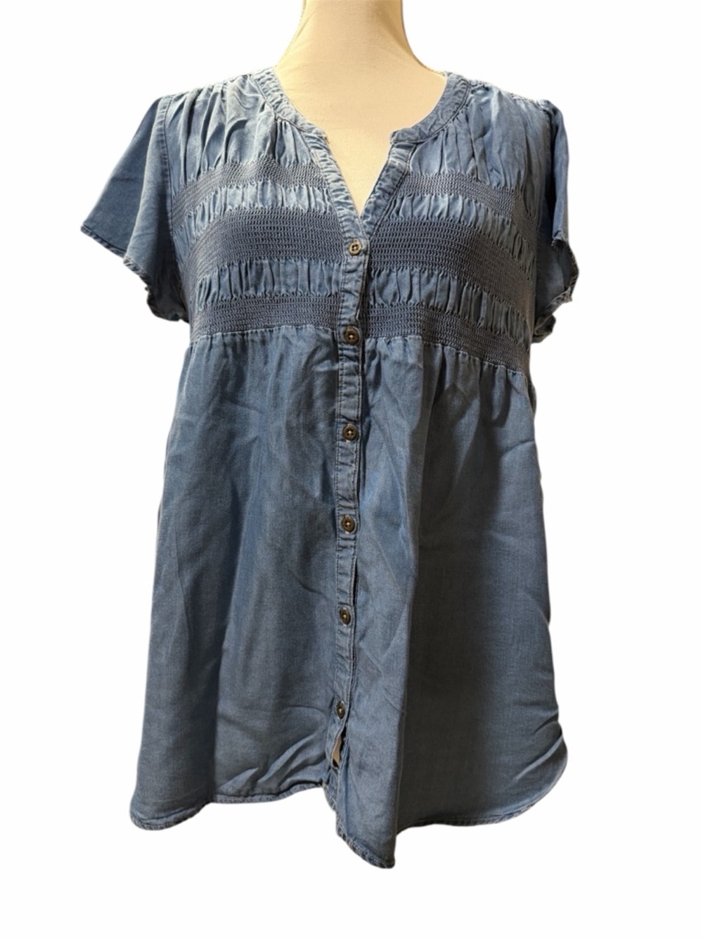 Knox Rose Blue Button-Front Smocked Yoke Top
